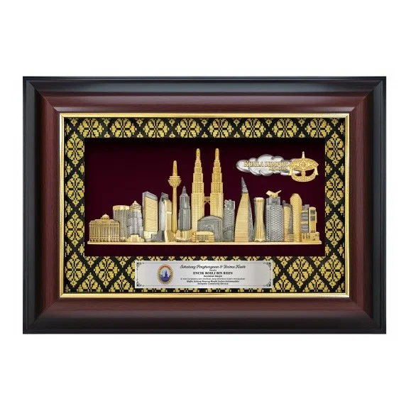 11" x 15.6" VIP Songket Frame With Gold Plated Pewter - Kuala Lumpur Landmark (Songket Emas)